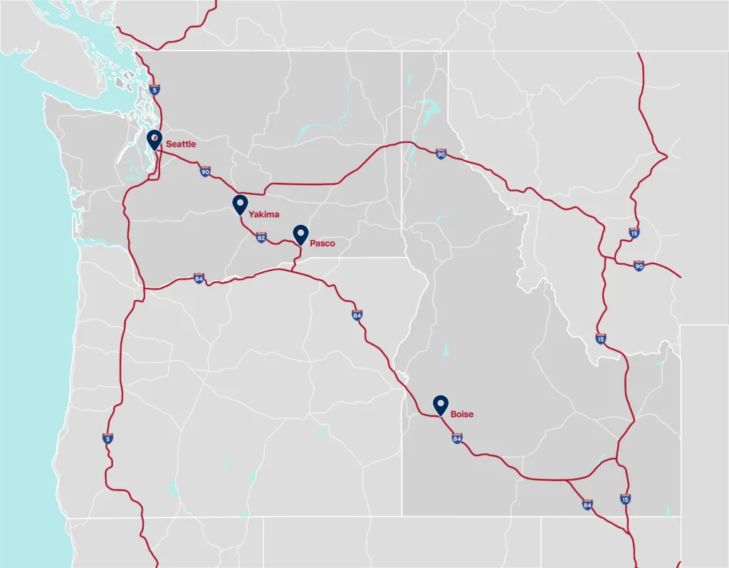 Pacific Northwest charter service map showing routes connecting Seattle, Yakima, Pasco, and Boise