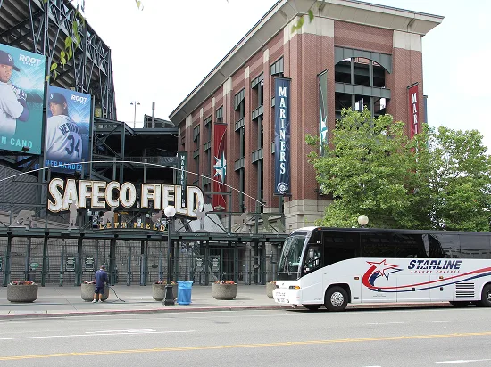 Starline charter bus parked outside Safeco Field, home of the Seattle Mariners