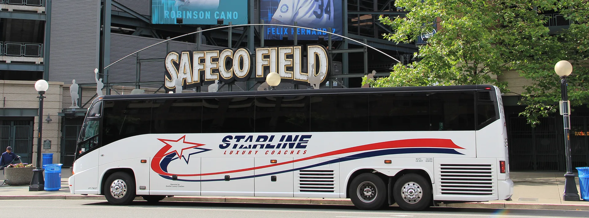 Starline Luxury Coaches charter bus parked in front of Safeco Field in Seattle, Washington