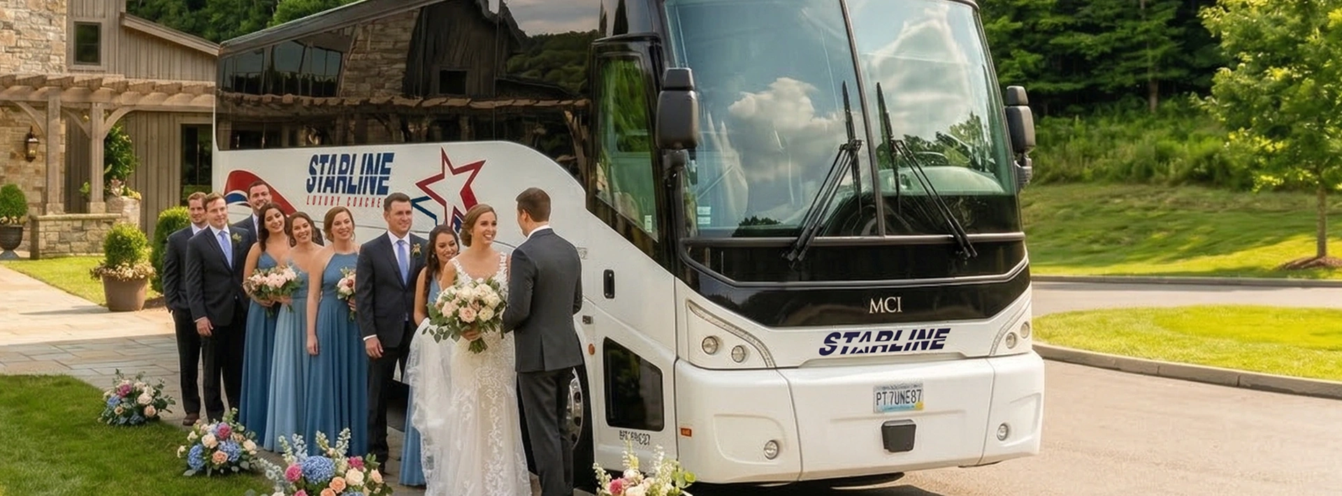 Bride, groom, and wedding party posed beside a Starline Luxury Coaches MCI motorcoach outside a rustic stone venue
