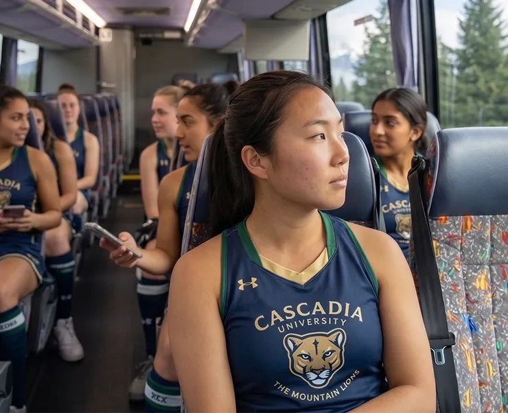 Cascadia University Mountain Lions women's basketball team seated aboard a charter bus traveling through the Pacific Northwest