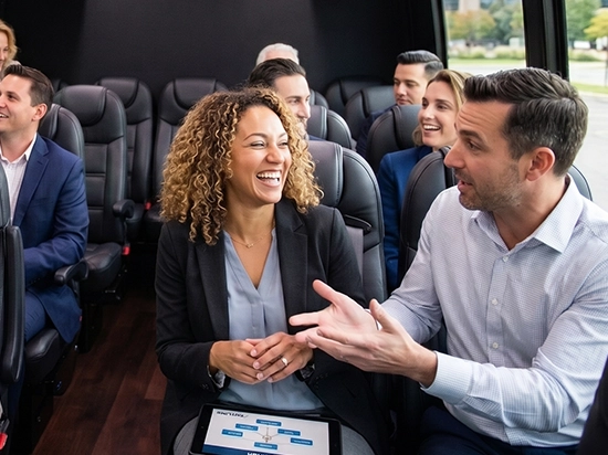 Business professionals networking and conversing in luxury charter bus with premium leather seating