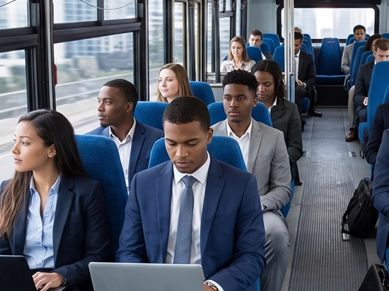 Business professionals seated in luxury charter bus with blue seats, working on laptops during corporate travel