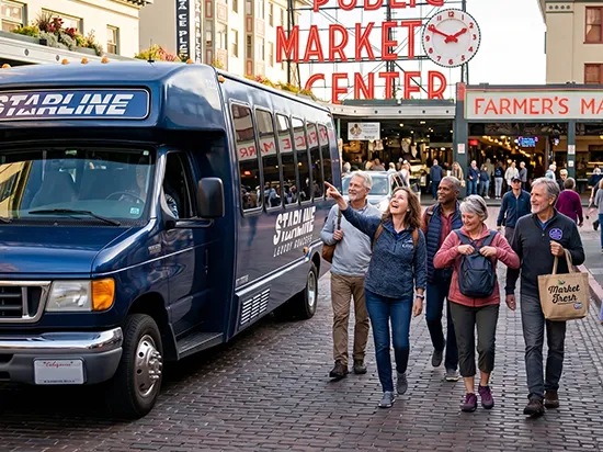 Guests enjoy a Starline charter bus tour at Seattle's Pike Place Public Market Center