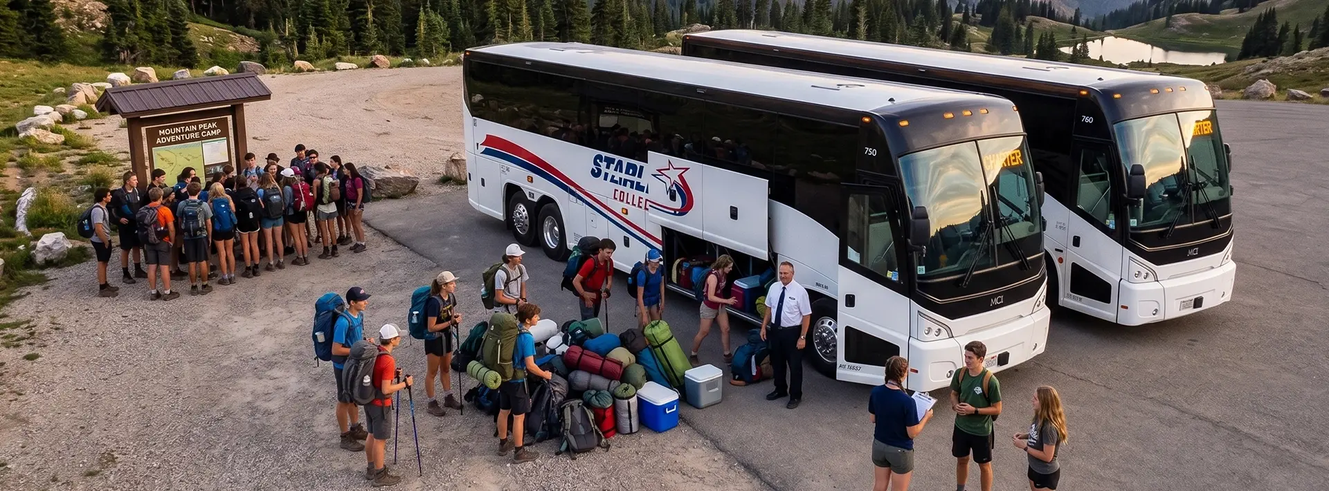 Large group with hiking gear boarding two Starline charter buses at a mountain trailhead in scenic Pacific Northwest