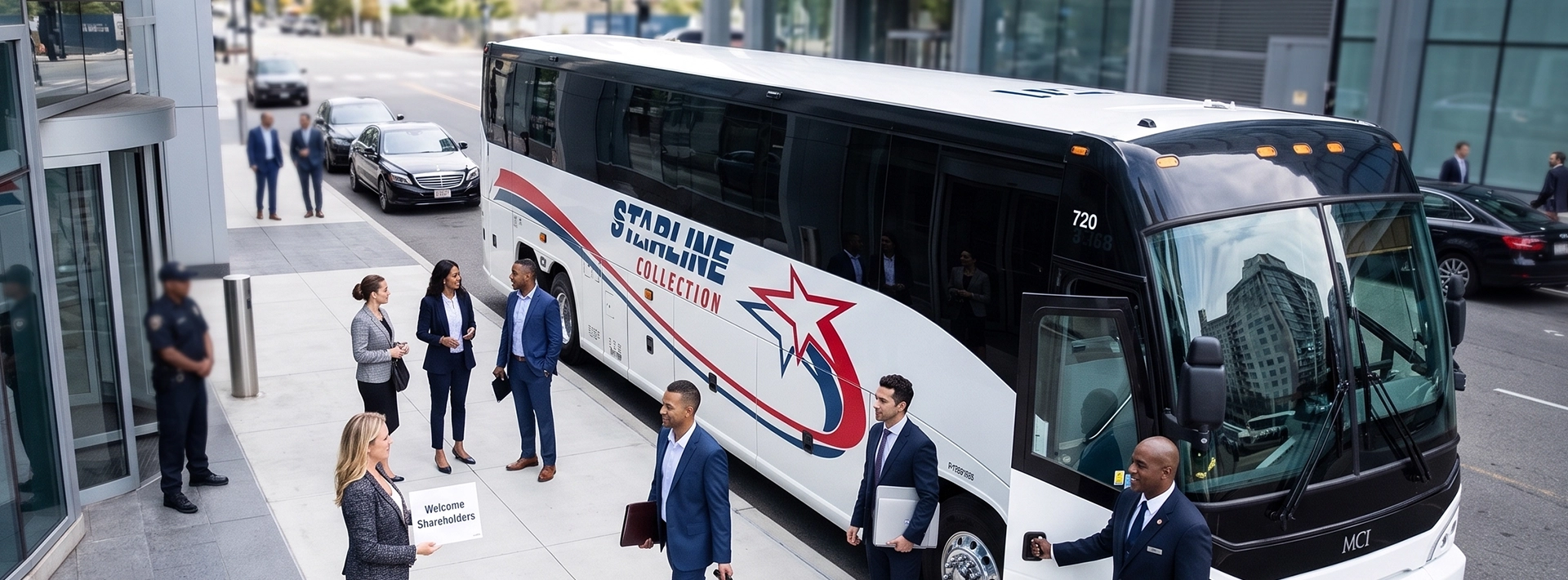 Starline Collection charter bus with corporate guests and greeter holding Welcome Shareholders sign outside modern building