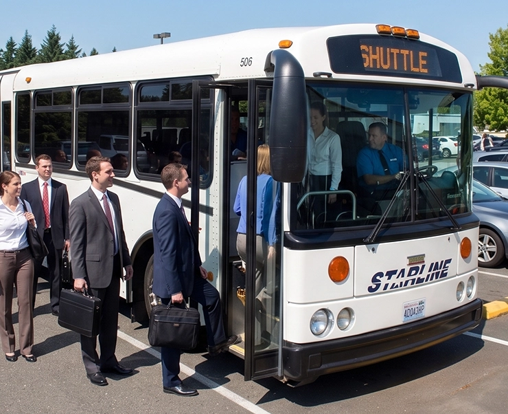 Business professionals boarding a Starline shuttle bus in a sunny parking lot for corporate transportation
