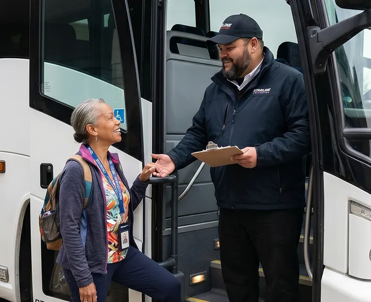 Starline Collection uniformed driver assists a smiling passenger boarding a luxury charter bus