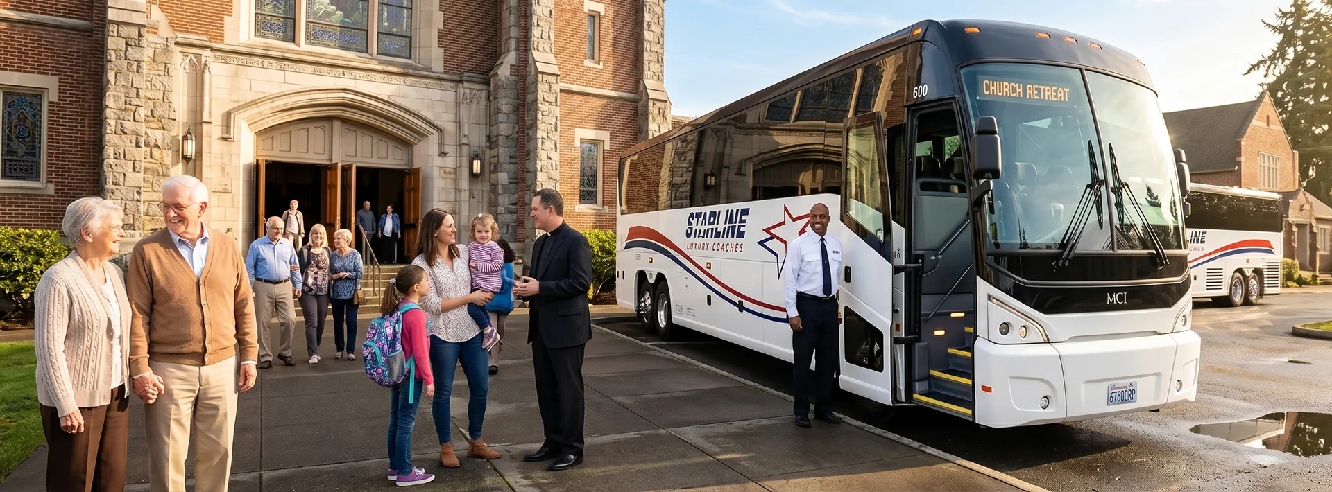 Starline Luxury Coach parked at a church for a group retreat, with a professional driver greeting passengers