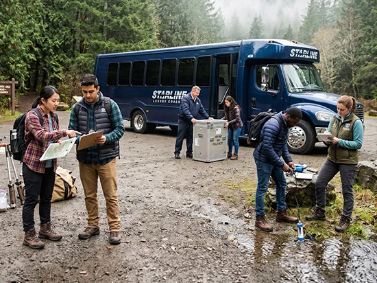 Group of professionals unloading equipment from a Starline luxury charter bus in a Pacific Northwest forest setting