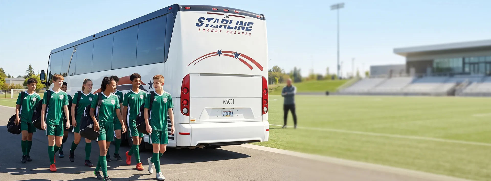 Youth soccer team arriving at stadium alongside a Starline Luxury Coaches charter bus