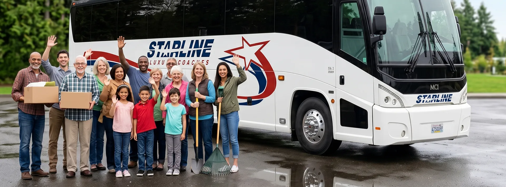 Diverse group of community volunteers waving beside a Starline Luxury Coaches charter bus in the Pacific Northwest