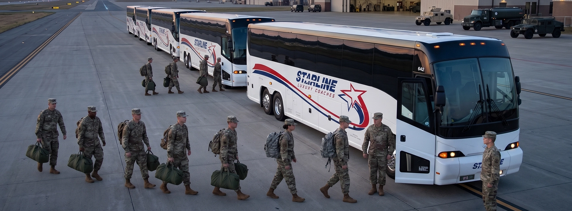 Military personnel boarding a fleet of Starline Luxury Coaches on an airfield tarmac