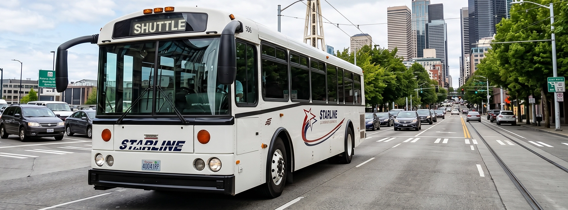 Starline Collection shuttle bus navigating downtown Seattle streets with Space Needle visible in background