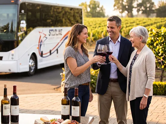Three guests toasting with red wine at a vineyard beside a Starline luxury charter bus