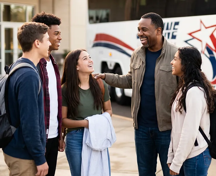Adult chaperone smiling with three students in front of a charter bus before a group trip