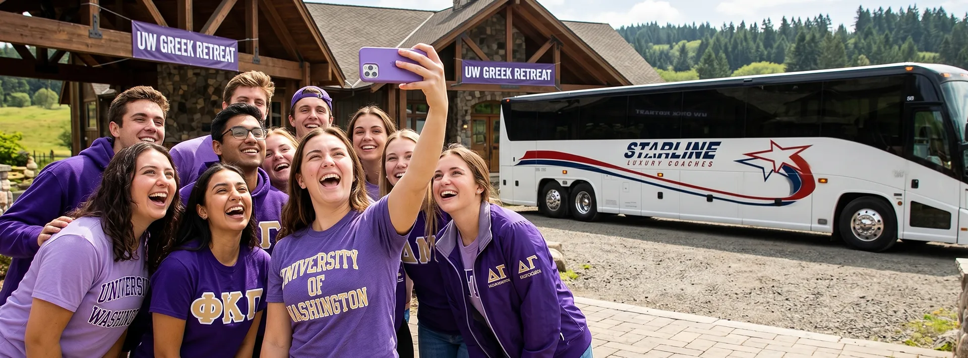 University of Washington Greek students taking selfie at retreat lodge with Starline Luxury Coach parked behind them