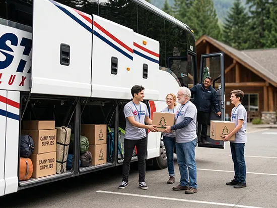 Volunteers unloading camp food supply boxes from a luxury charter bus in a Pacific Northwest setting