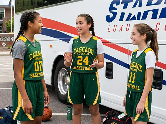 Three youth basketball players in Cascade Cougars uniforms chatting beside a Starline luxury charter bus