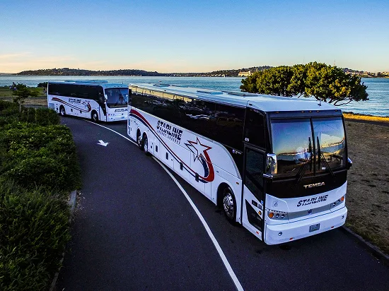 Two Starline charter buses parked on a coastal road at dusk, with calm water and a clear sky in the background