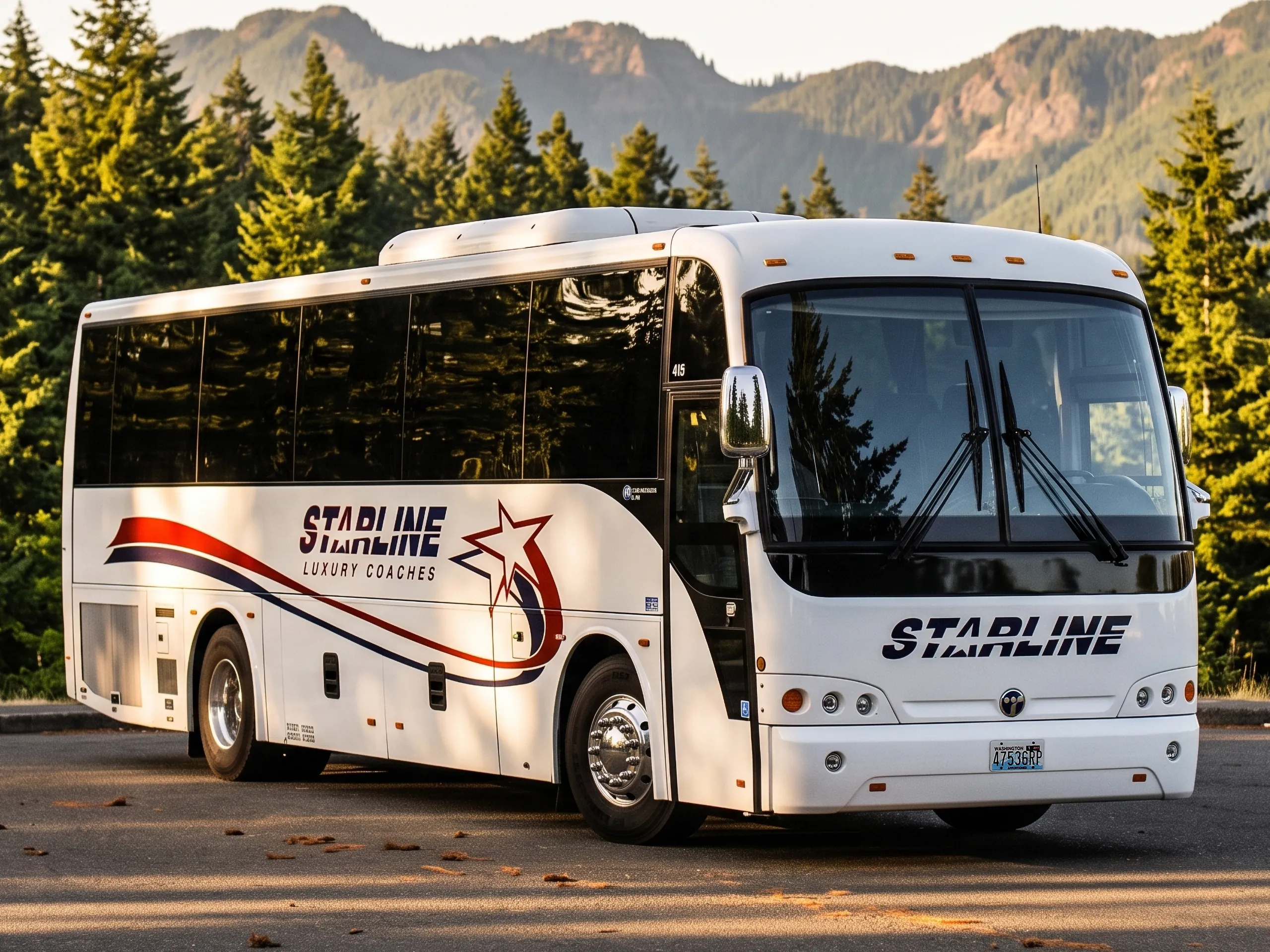 Starline Luxury Coaches charter bus parked against a Pacific Northwest mountain and forest backdrop