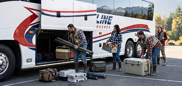 Group of travelers loading fishing and outdoor gear into the luggage bay of a Starline Coaches charter bus