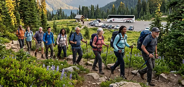 Diverse group of hikers with trekking poles on a mountain trail, with a charter bus parked in the lot below