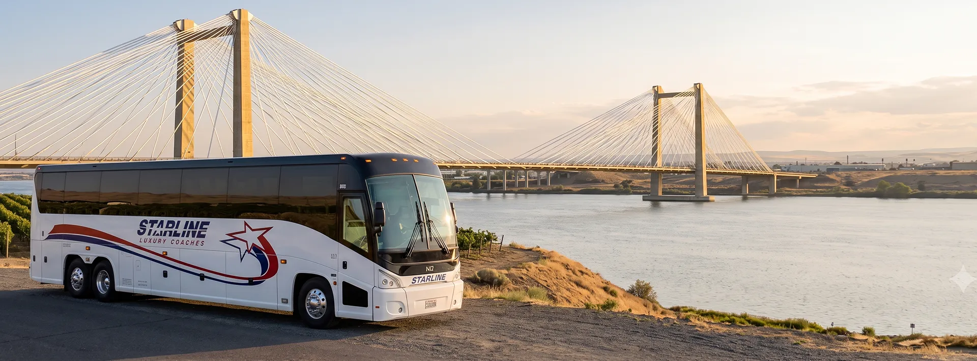 Starline Luxury Coaches charter bus parked along the Columbia River with a cable-stayed bridge in the background at sunset