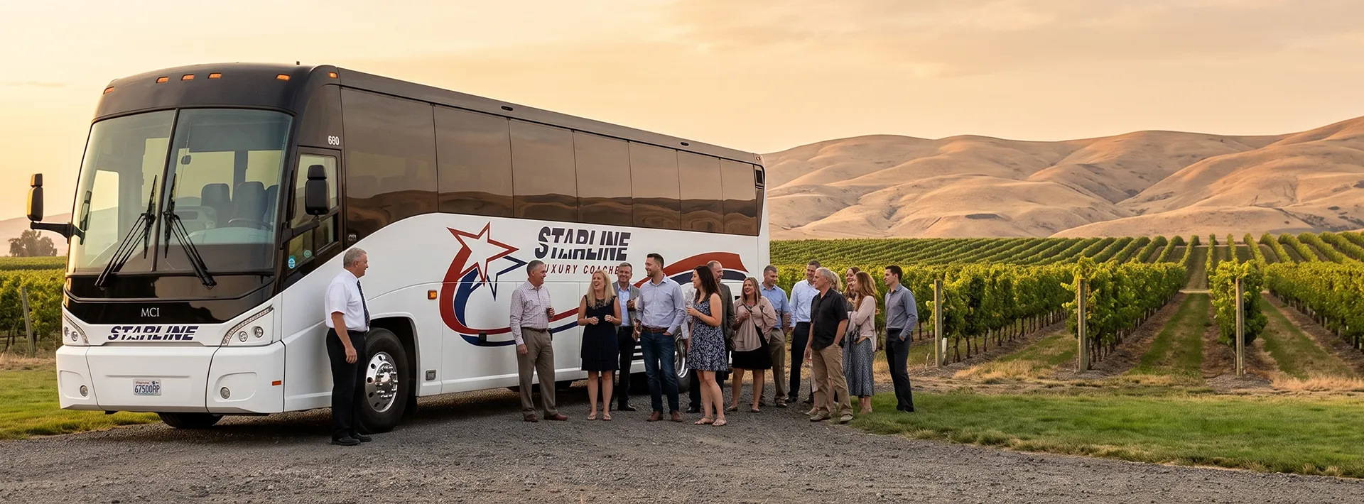 A group of adults socializing beside a Starline Luxury Coaches charter bus at a vineyard with rolling hills at sunset